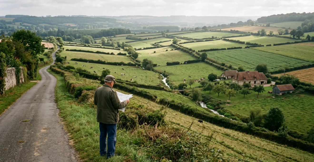 Un promeneur consulte une carte au bord d'une route de crête dominant un paysage de bocage normand avec ses haies, prairies et vallées.