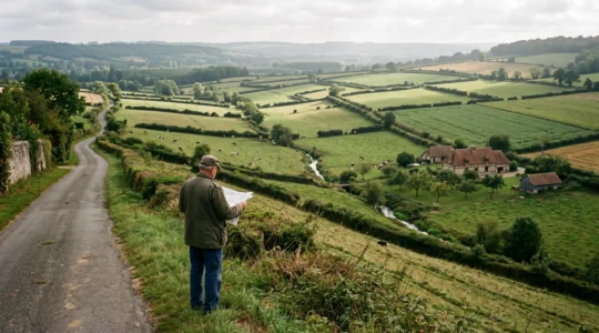Un promeneur consulte une carte au bord d'une route de crête dominant un paysage de bocage normand avec ses haies, prairies et vallées.