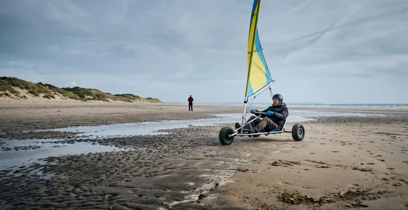 Un débutant pilote un char à voile sur la plage plate du Cotentin à marée basse, sous un ciel nuageux normand.