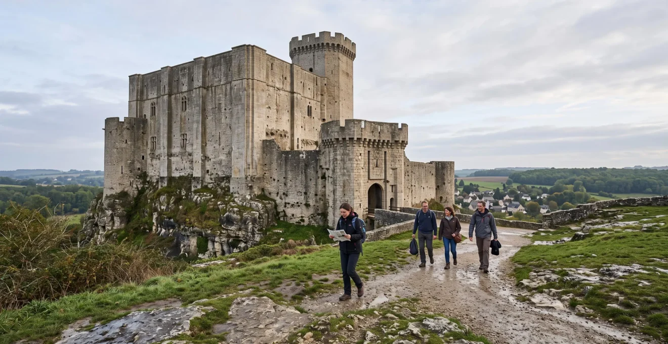 Le donjon de pierre du château de Falaise en Normandie, avec des visiteurs marchant sur le chemin d'accès vers l'entrée sous un ciel couvert.