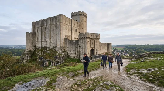 Le donjon de pierre du château de Falaise en Normandie, avec des visiteurs marchant sur le chemin d'accès vers l'entrée sous un ciel couvert.