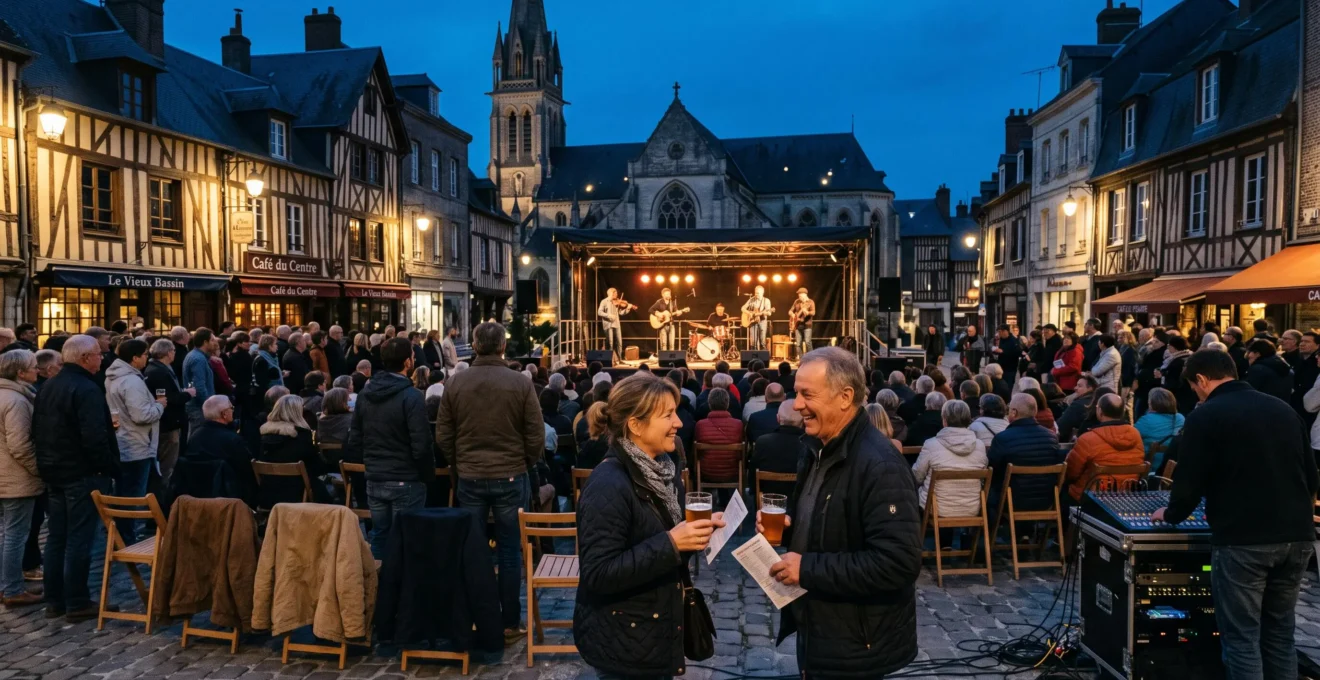 Un public assiste à un concert en plein air sur une petite scène installée sur une place pavée bordée de maisons à colombages en Normandie, à la tombée du soir.