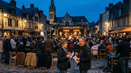 Un public assiste à un concert en plein air sur une petite scène installée sur une place pavée bordée de maisons à colombages en Normandie, à la tombée du soir.
