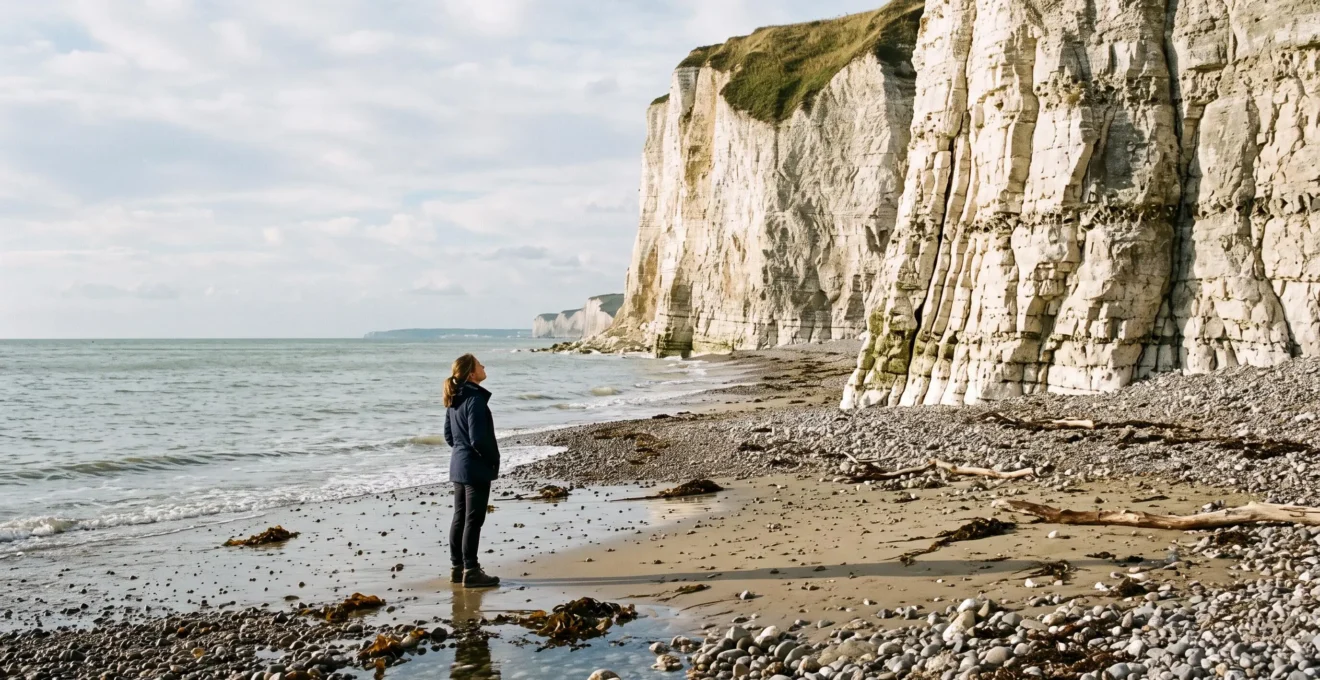 Une personne observe en silence les falaises de craie et les blocs échoués sur une plage normande à marée basse.