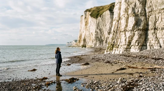 Une personne observe en silence les falaises de craie et les blocs échoués sur une plage normande à marée basse.