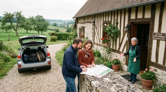 Un couple compare un itinéraire imprimé posé sur un muret en pierre devant une longère normande à colombages tandis que le propriétaire les accueille sur le seuil.