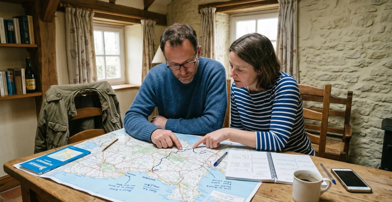 Un couple trace son itinéraire sur une carte routière de la Normandie posée sur la table d'une chambre d'hôtes.