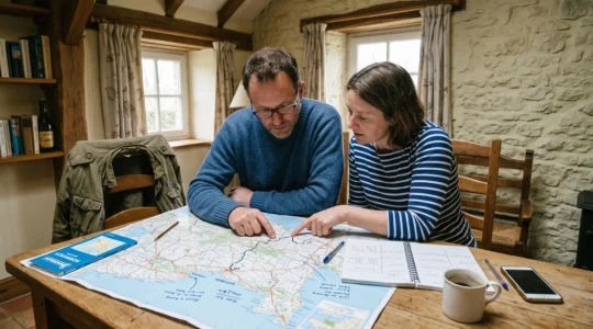 Un couple trace son itinéraire sur une carte routière de la Normandie posée sur la table d'une chambre d'hôtes.
