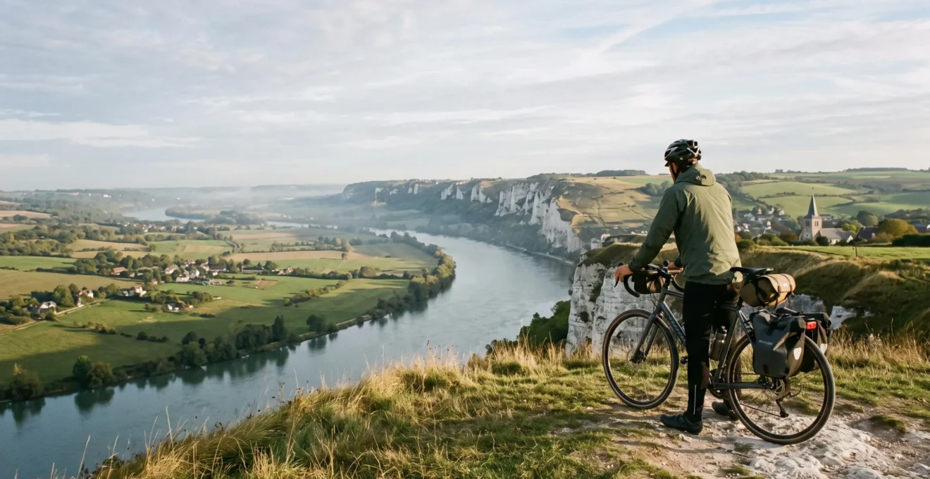 Un cycliste s'arrête sur un point de vue dominant un large méandre de la Seine en Normandie, avec des falaises de craie et des prairies en contrebas
