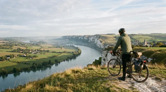 Un cycliste s'arrête sur un point de vue dominant un large méandre de la Seine en Normandie, avec des falaises de craie et des prairies en contrebas