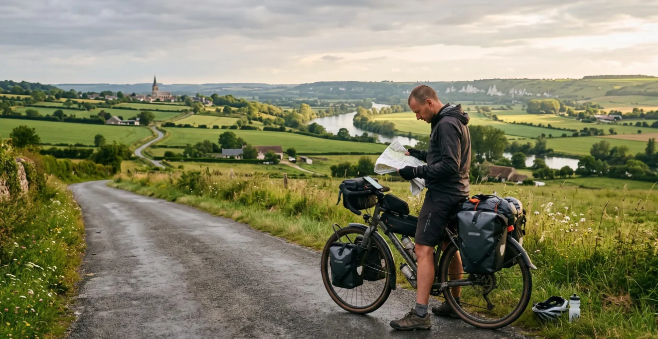 Un cycliste consulte une carte sur une petite route de campagne normande avec sa vélo chargé, paysage de bocage et vallée en arrière-plan.