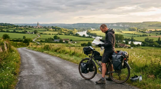 Un cycliste consulte une carte sur une petite route de campagne normande avec sa vélo chargé, paysage de bocage et vallée en arrière-plan.