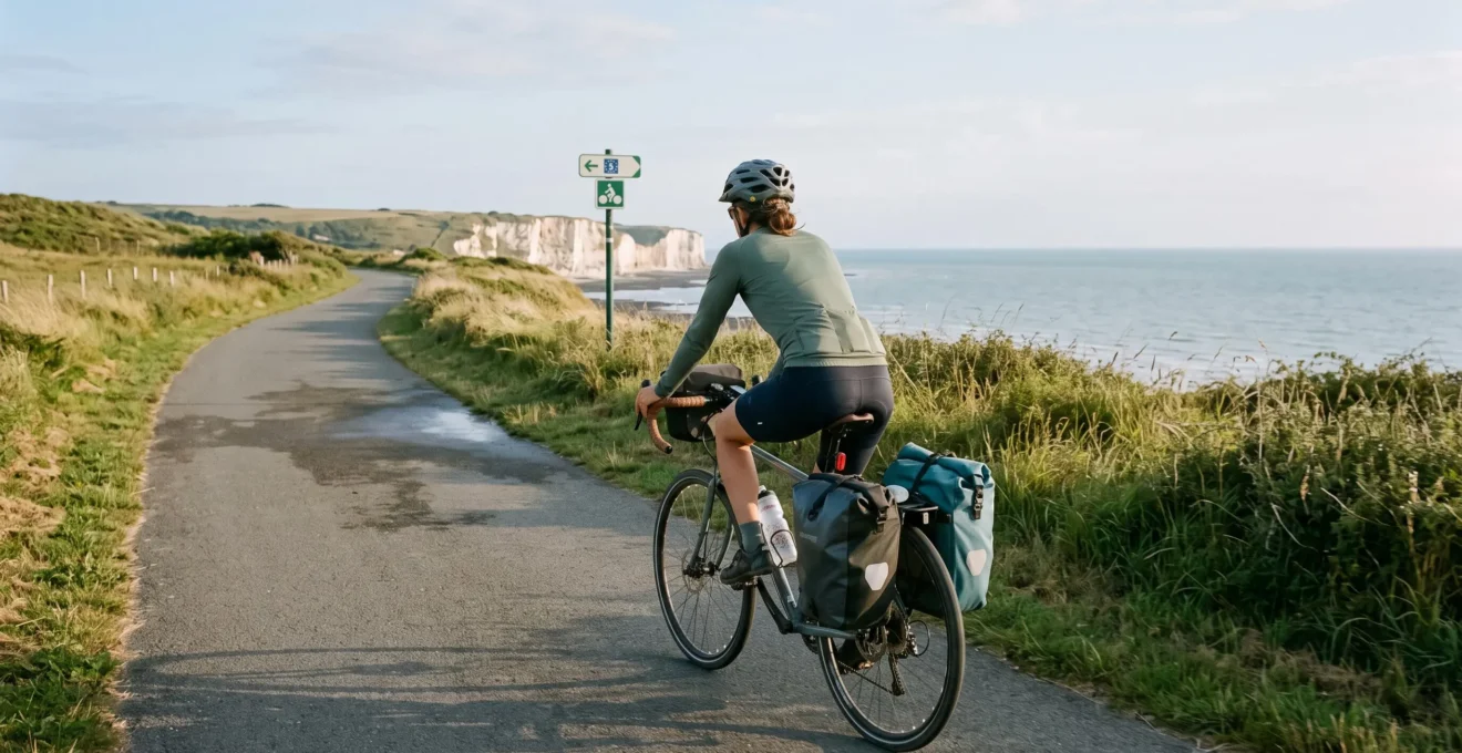 Un cycliste chargé de sacoches roule sur une voie verte côtière de la Vélomaritime en Normandie, falaises et mer visibles au loin.