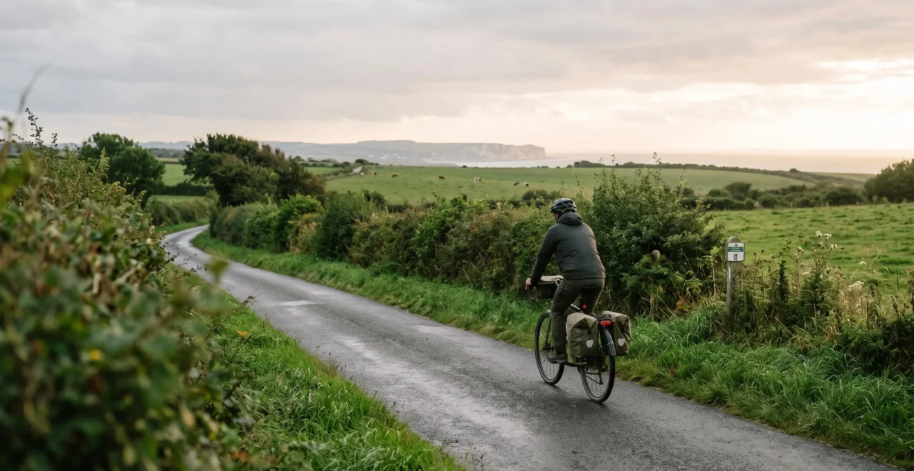 Un cycliste voyageur avec des sacoches roule sur une petite route de campagne normande bordée de haies, entre prairies et horizon côtier.