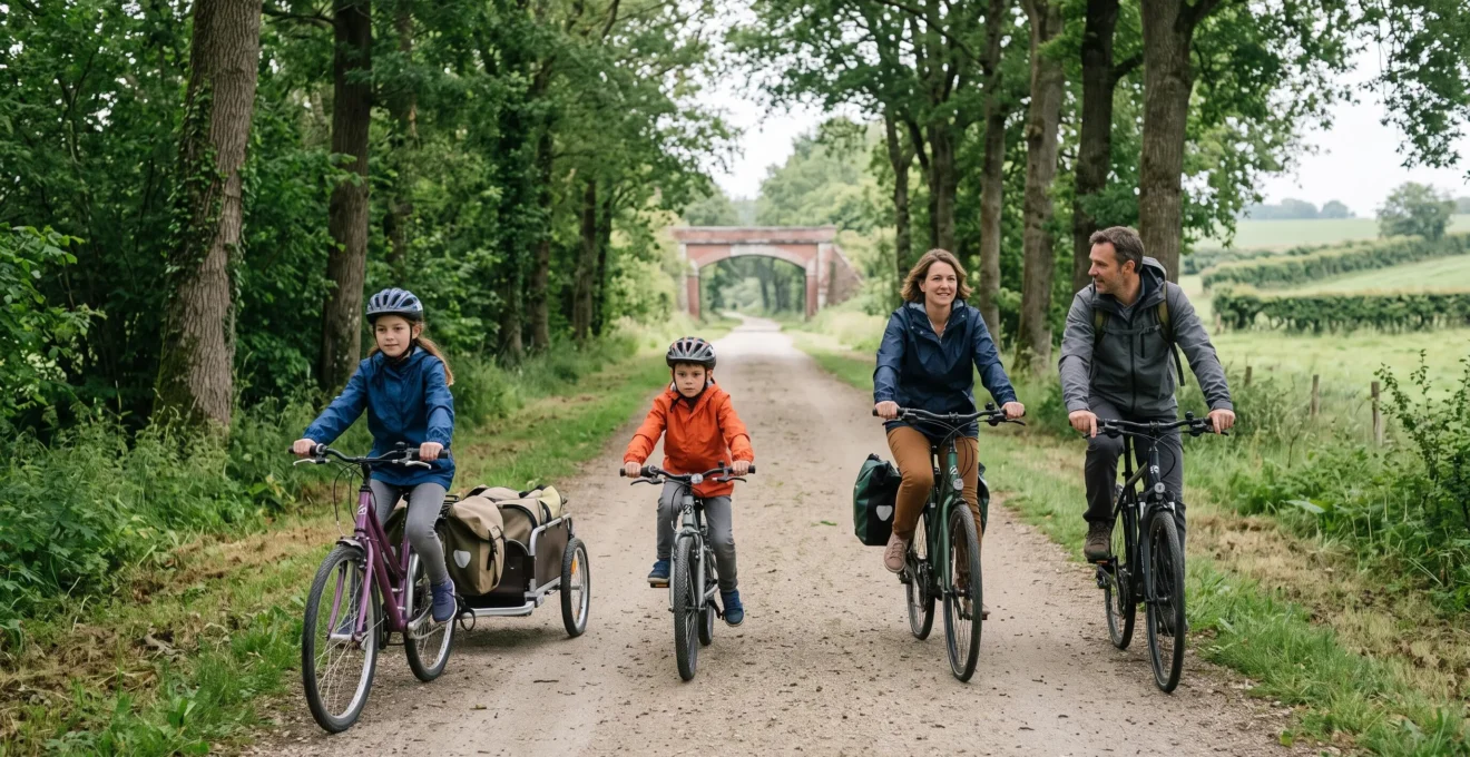 Une famille avec deux enfants circule à vélo sur une voie verte plate et arborée en Normandie, loin de la circulation automobile.