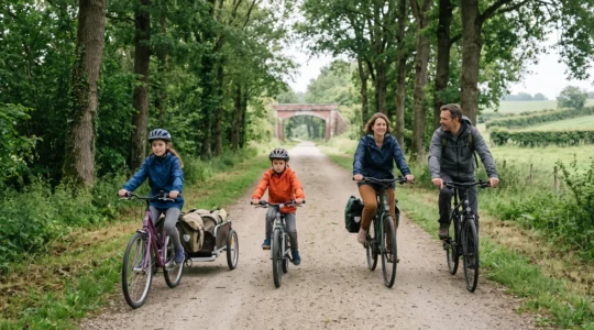 Une famille avec deux enfants circule à vélo sur une voie verte plate et arborée en Normandie, loin de la circulation automobile.