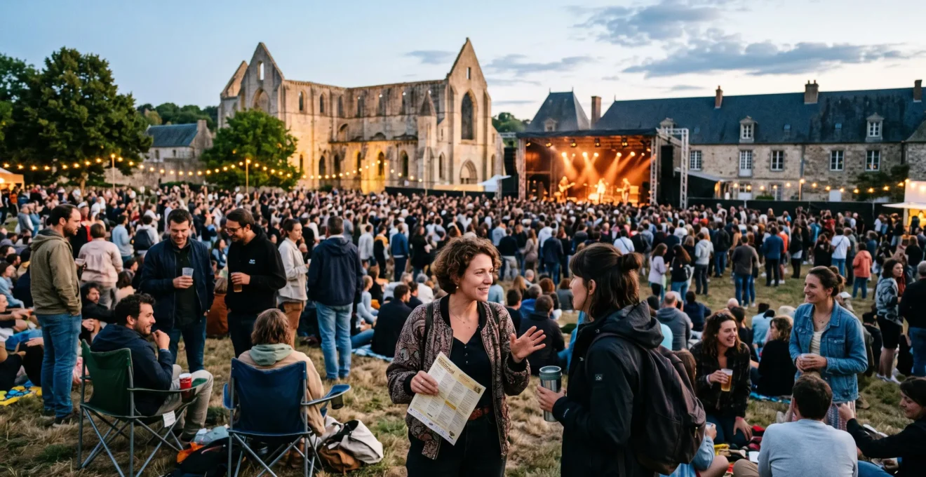 Foule rassemblée un soir d'été lors d'un festival en plein air en Normandie, avec une scène illuminée et des bâtiments anciens en arrière-plan.