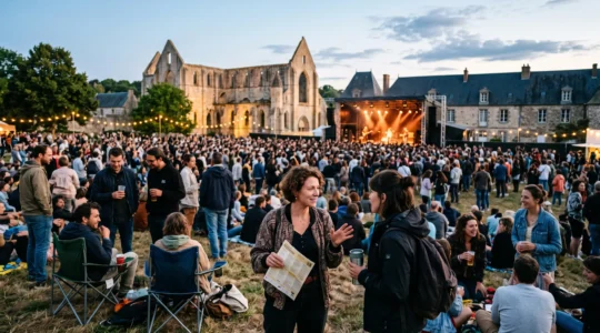 Foule rassemblée un soir d'été lors d'un festival en plein air en Normandie, avec une scène illuminée et des bâtiments anciens en arrière-plan.