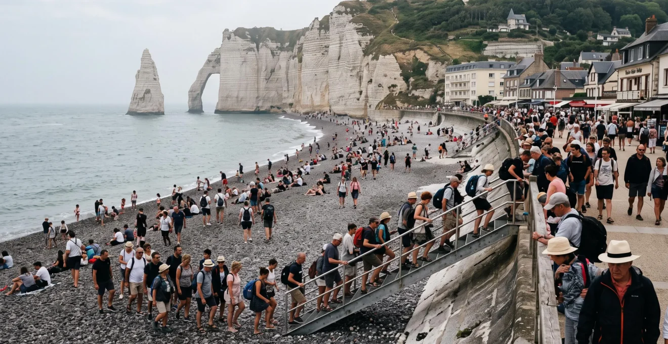 Foule de visiteurs sur la plage et le sentier d'accès d'un site à falaises de Normandie un matin d'août.