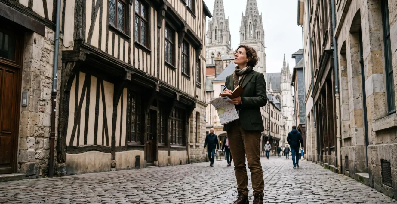 Une historienne observe une maison à pans de bois dans une rue médiévale de Rouen, avec la cathédrale au fond.