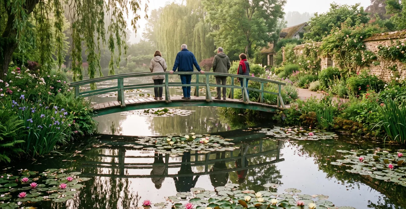 Le jardin d'eau de Giverny au petit matin, avec le pont japonais en bois franchissant le bassin couvert de nymphéas sous une lumière douce