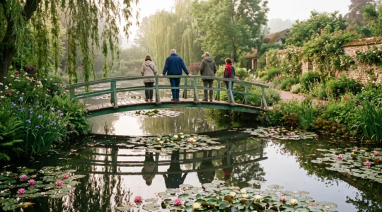 Le jardin d'eau de Giverny au petit matin, avec le pont japonais en bois franchissant le bassin couvert de nymphéas sous une lumière douce