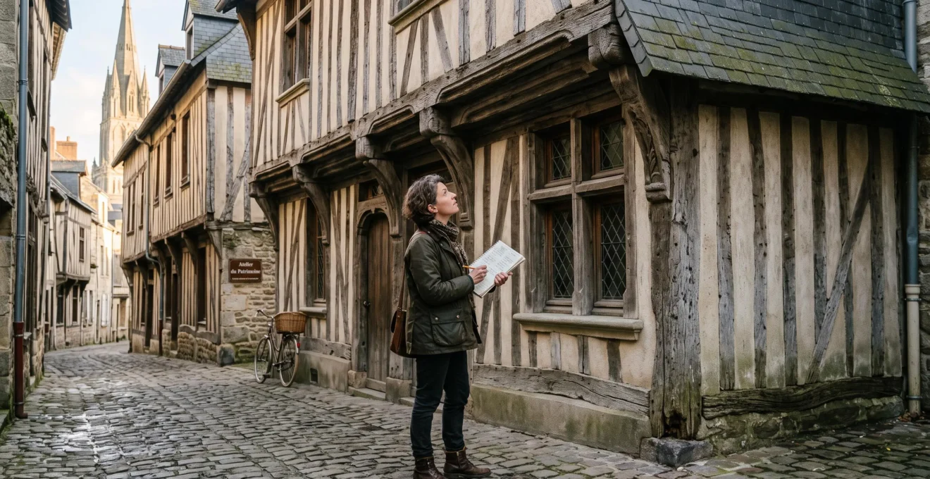 Une consultante en patrimoine examine la façade à pans de bois d'une maison médiévale normande depuis une rue pavée étroite