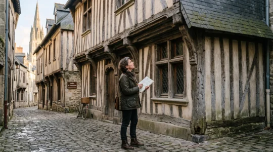 Une consultante en patrimoine examine la façade à pans de bois d'une maison médiévale normande depuis une rue pavée étroite