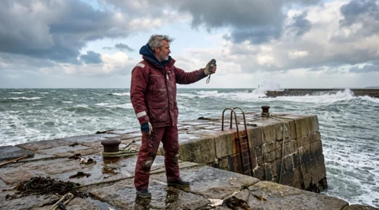 Un marin sur une jetée normande fait face au vent d'ouest et observe les moutons sur une mer agitée de la Manche.