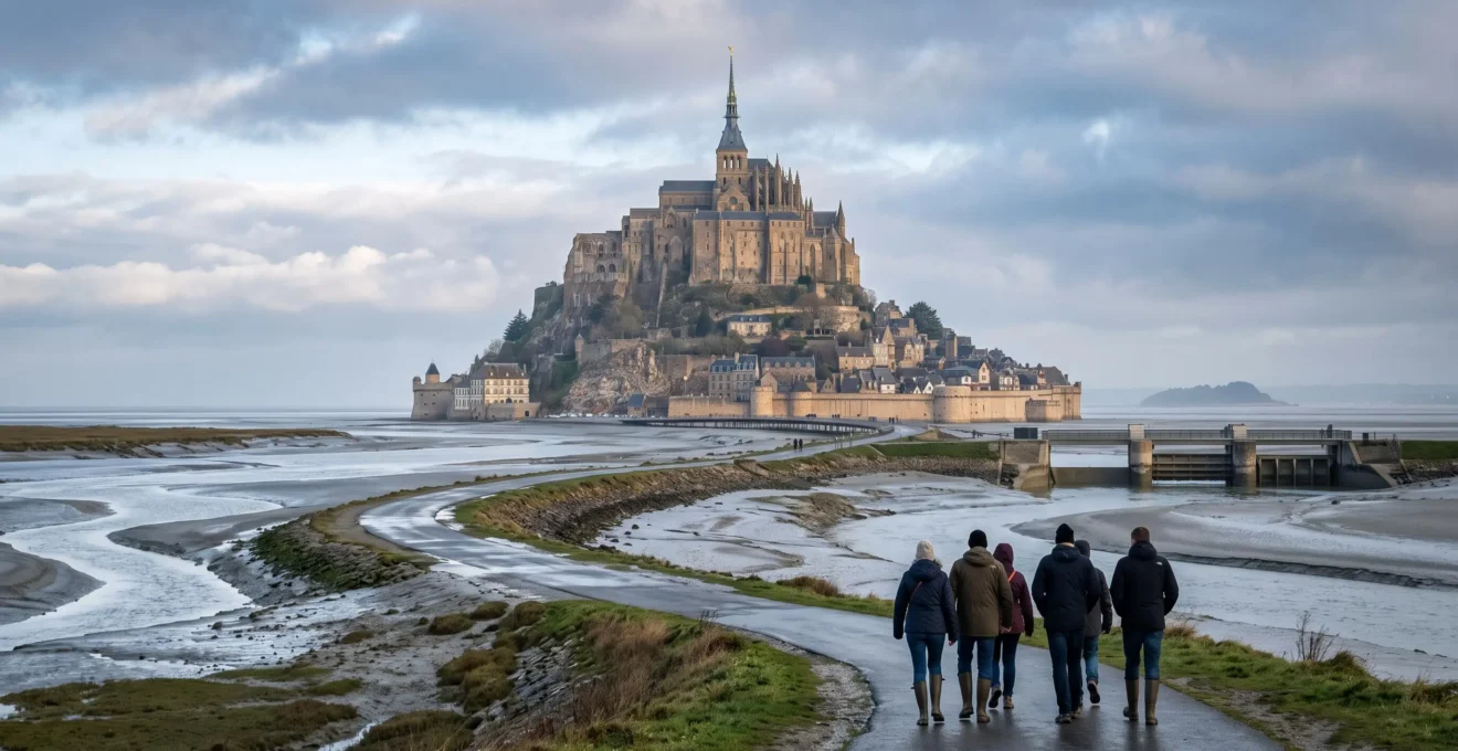 Vue large du Mont-Saint-Michel depuis la baie à marée basse, avec des visiteurs marchant vers l'abbaye sur le rocher