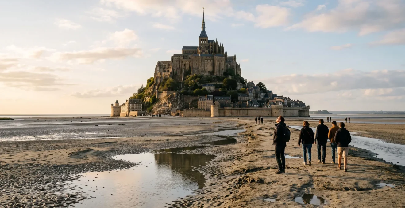 Le mont Saint-Michel vu depuis la grève à marée basse, avec des visiteurs marchant sur le sable vers l'abbaye gothique dressée sur le rocher.
