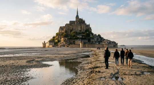 Le mont Saint-Michel vu depuis la grève à marée basse, avec des visiteurs marchant sur le sable vers l'abbaye gothique dressée sur le rocher.