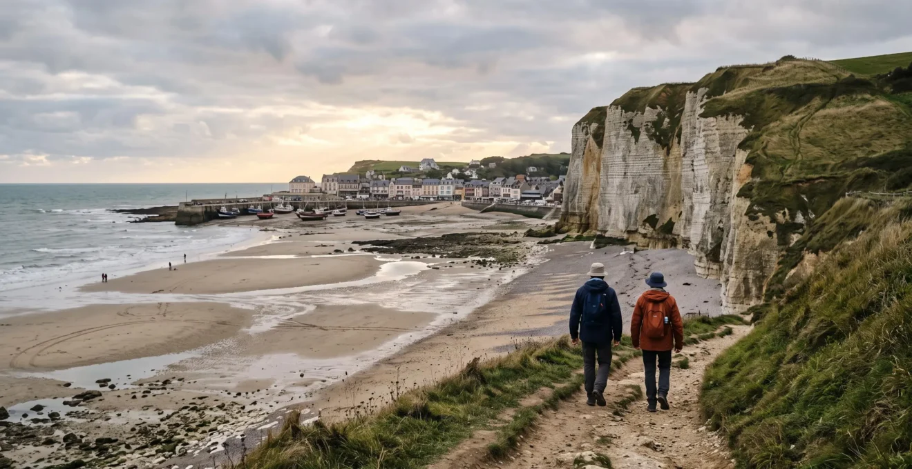 Vue panoramique d'un littoral normand mêlant falaises, plage de sable à marée basse et port visible au loin, avec deux promeneurs sur un sentier côtier.