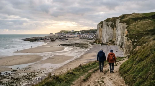 Vue panoramique d'un littoral normand mêlant falaises, plage de sable à marée basse et port visible au loin, avec deux promeneurs sur un sentier côtier.