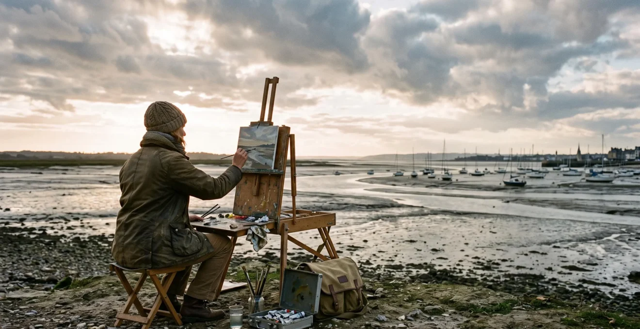 Un peintre travaille sur un chevalet portatif face à l'estuaire de la Seine, sur la côte normande, sous une lumière changeante de fin d'après-midi.