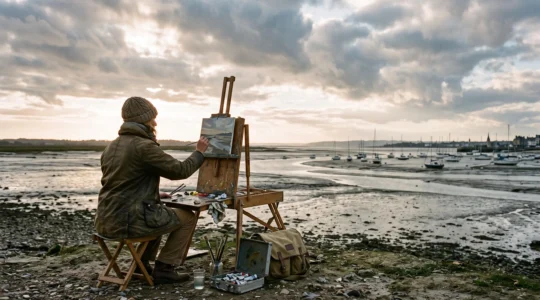Un peintre travaille sur un chevalet portatif face à l'estuaire de la Seine, sur la côte normande, sous une lumière changeante de fin d'après-midi.