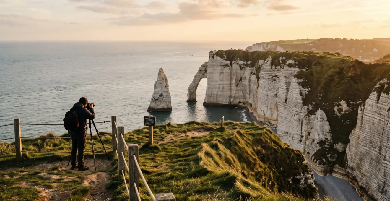 Un photographe photographie l'arche de la Porte d'Aval et l'Aiguille d'Étretat depuis le sommet d'une falaise de craie, derrière une barrière de sécurité, à la lumière dorée du soir.