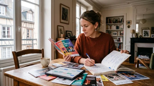 Une femme planifie ses sorties culturelles en comparant un agenda numérique sur tablette avec des brochures de saison posées sur une table en bois.