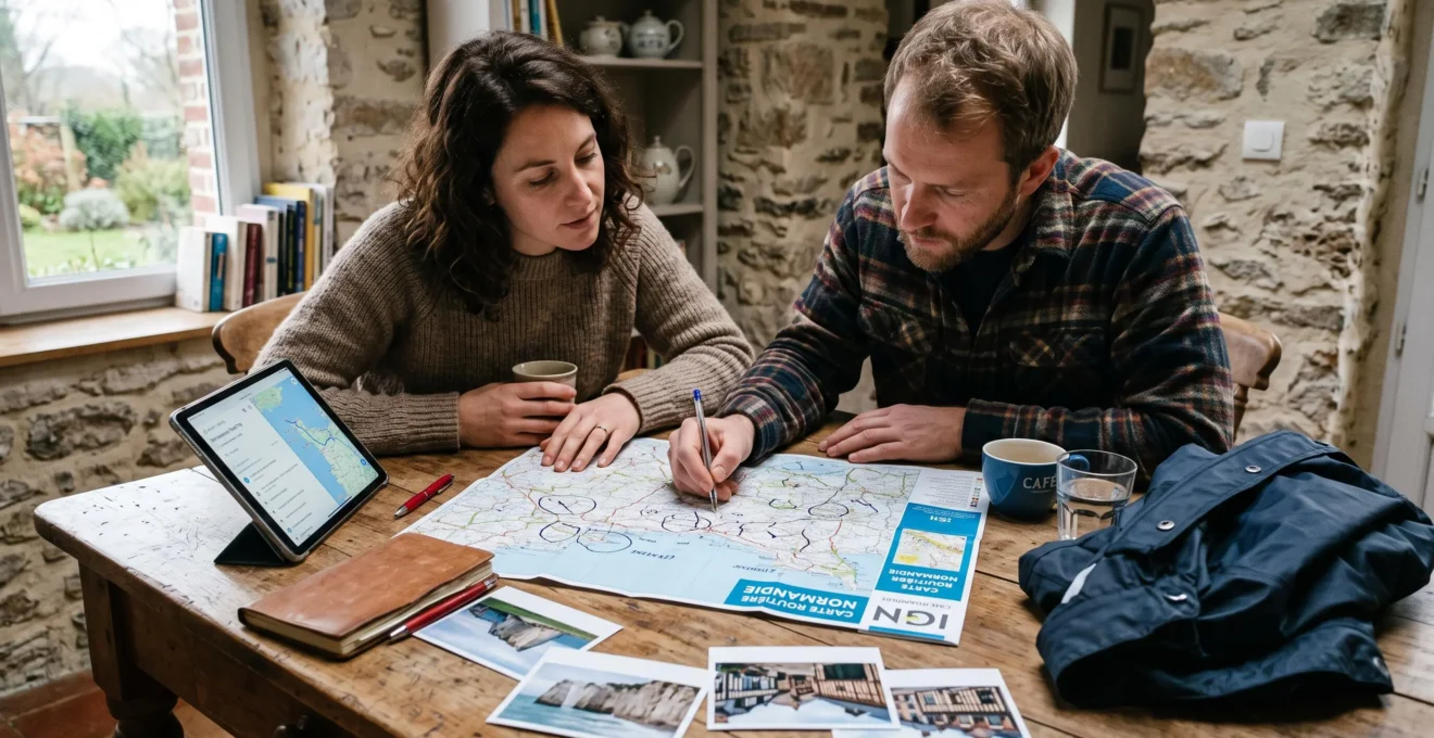 Un couple prépare un itinéraire en Normandie autour d'une carte routière dépliée sur la table d'un gîte, entouré de photos imprimées et d'une tablette.