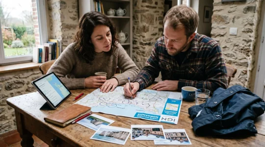 Un couple prépare un itinéraire en Normandie autour d'une carte routière dépliée sur la table d'un gîte, entouré de photos imprimées et d'une tablette.