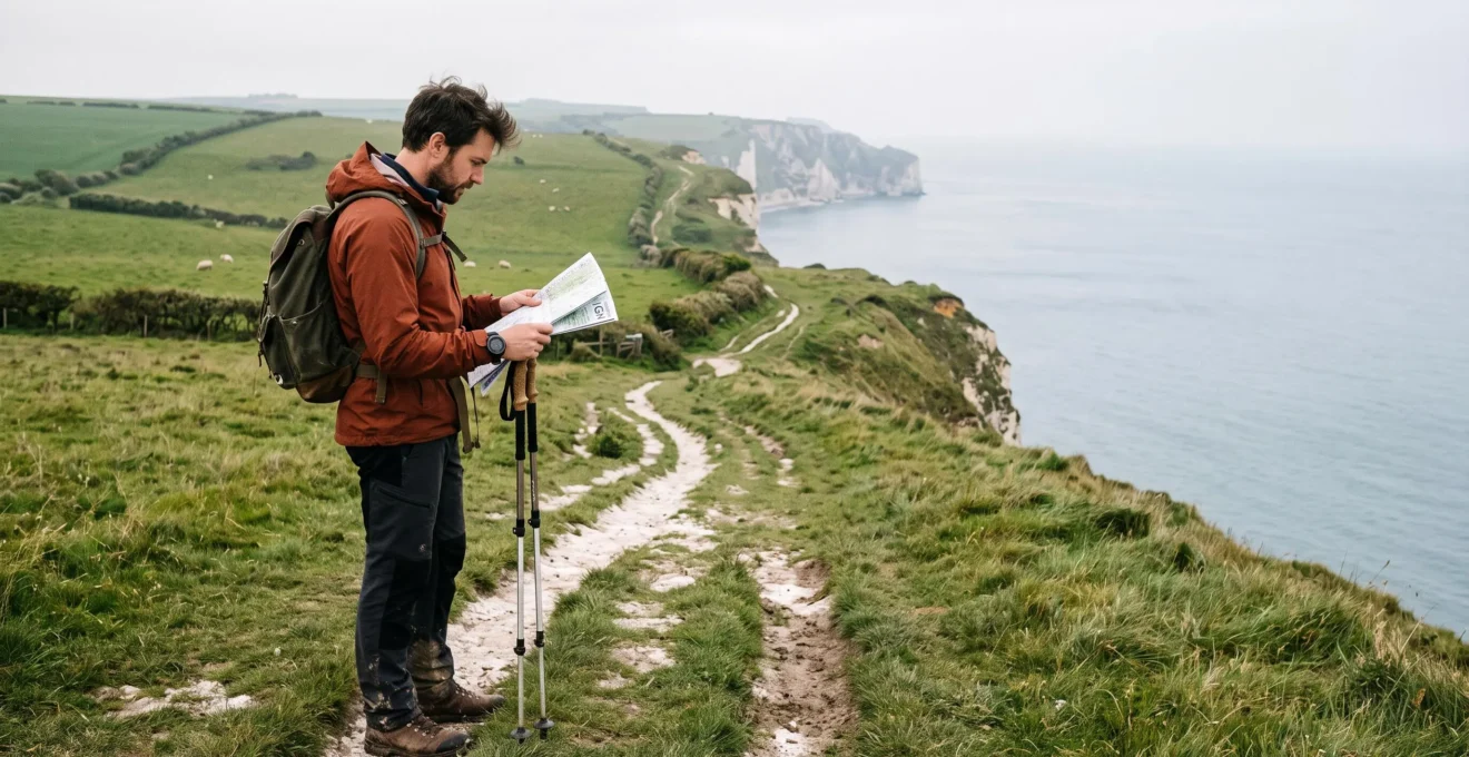 Un randonneur consulte une carte papier et sa montre GPS sur un sentier côtier normand entre prairies et falaises.