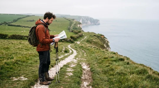 Un randonneur consulte une carte papier et sa montre GPS sur un sentier côtier normand entre prairies et falaises.