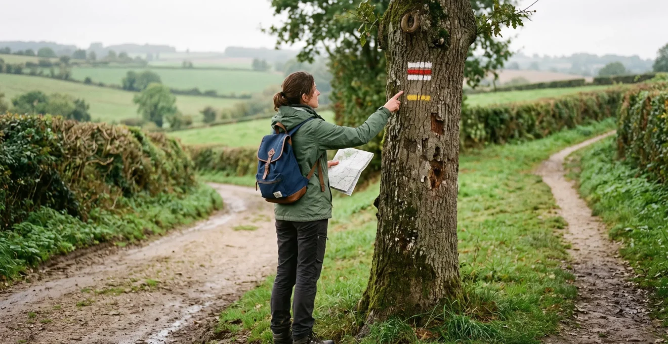 Une randonneuse compare un balisage blanc-rouge et un balisage jaune sur un arbre à la bifurcation d'un sentier normand, carte en main.