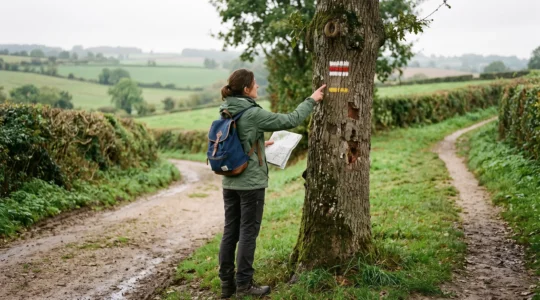 Une randonneuse compare un balisage blanc-rouge et un balisage jaune sur un arbre à la bifurcation d'un sentier normand, carte en main.