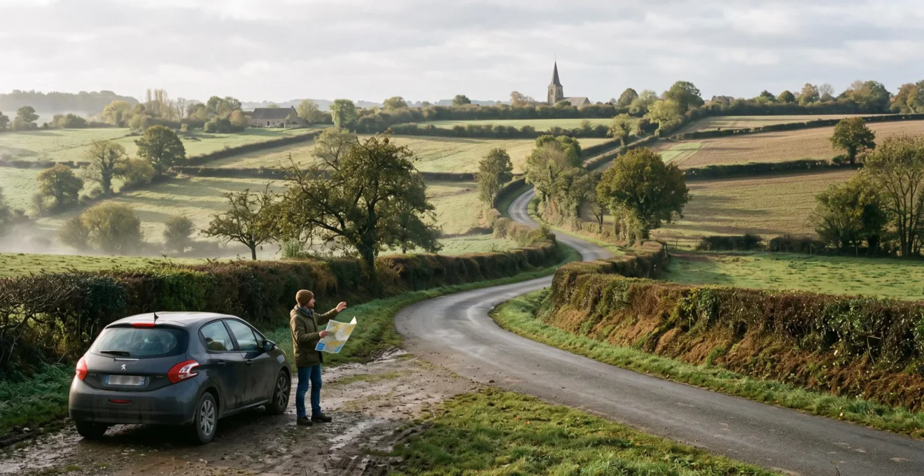 Une route de campagne normande traverse un bocage de haies et de prairies, avec une personne en arrêt sur le bas-côté consultant une carte.