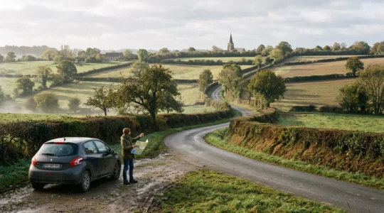 Une route de campagne normande traverse un bocage de haies et de prairies, avec une personne en arrêt sur le bas-côté consultant une carte.