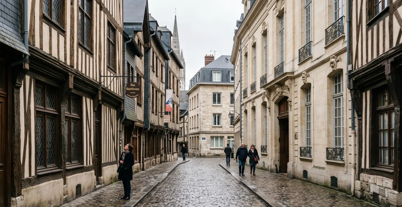 Une rue de Rouen montrant des maisons à colombages médiévales, un hôtel particulier en pierre et un immeuble reconstruit, avec des passants sous une lumière douce.