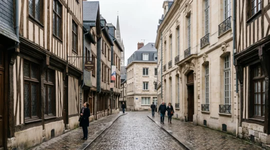 Une rue de Rouen montrant des maisons à colombages médiévales, un hôtel particulier en pierre et un immeuble reconstruit, avec des passants sous une lumière douce.