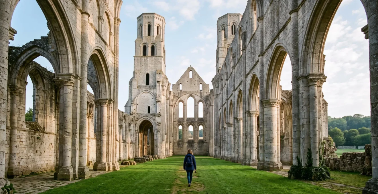 Les ruines monumentales d'une abbaye normande en pierre calcaire sous la lumière du matin, avec un visiteur marchant le long de la nef.