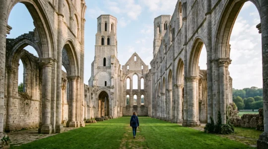 Les ruines monumentales d'une abbaye normande en pierre calcaire sous la lumière du matin, avec un visiteur marchant le long de la nef.